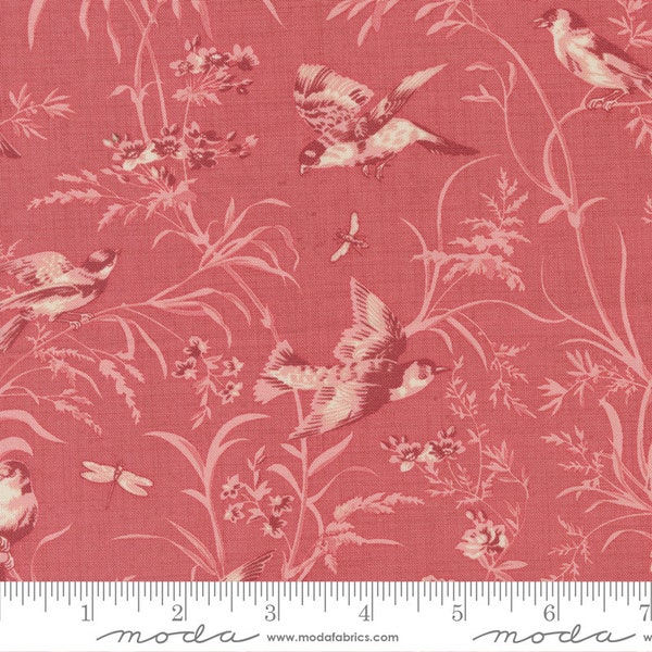 French General Antoinette Aviary De Trianon Florals Birds Faded Red for Moda