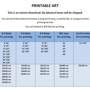 May include: A chart with a blue background showing different print sizes in inches and centimetres for printable art. The chart includes 2:3, 3:4, and 4:5 aspect ratios, as well as standard ISO paper sizes.