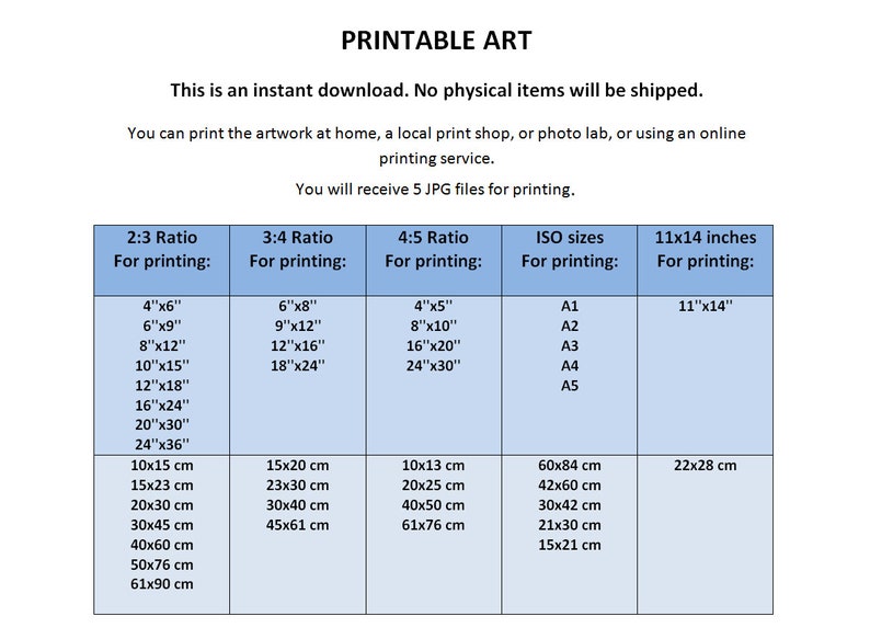 May include: A chart with a blue background showing different print sizes in inches and centimetres for printable art. The chart includes 2:3, 3:4, and 4:5 aspect ratios, as well as standard ISO paper sizes.