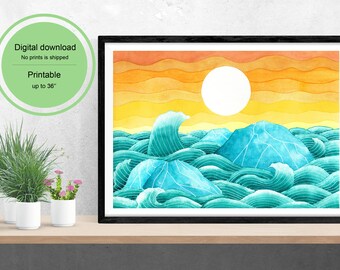 Flowing glaciers Ocean and Sunset Watercolor Digital Download Printable Art Decor Wall Poster
