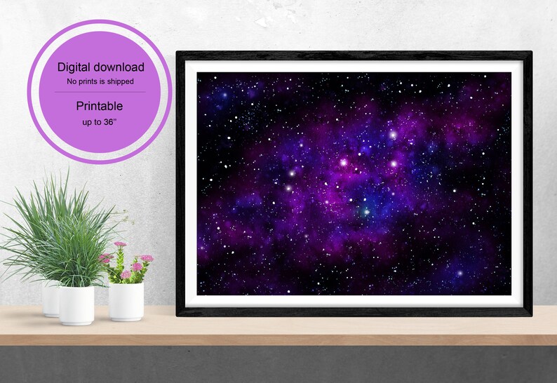 May include: A digital download of a printable image featuring a dark purple and blue nebula with white stars. The image is suitable for printing up to 36 inches.