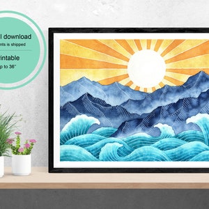 Inflow of the Ocean at Sunrise Mountains Watercolor Digital Download Printable Art Decor Wall Poster