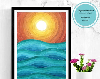 Sunset Over The Ocean Waves Sailing Digital Download Printable Art Decor Wall Poster