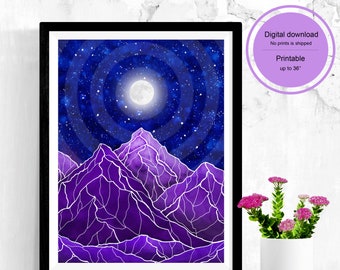 Mountains at the Night Digital Print, Mountains Art Print Download, Printable Art Wall Decor, Watercolor Full Moon Night Decor Wall Art,