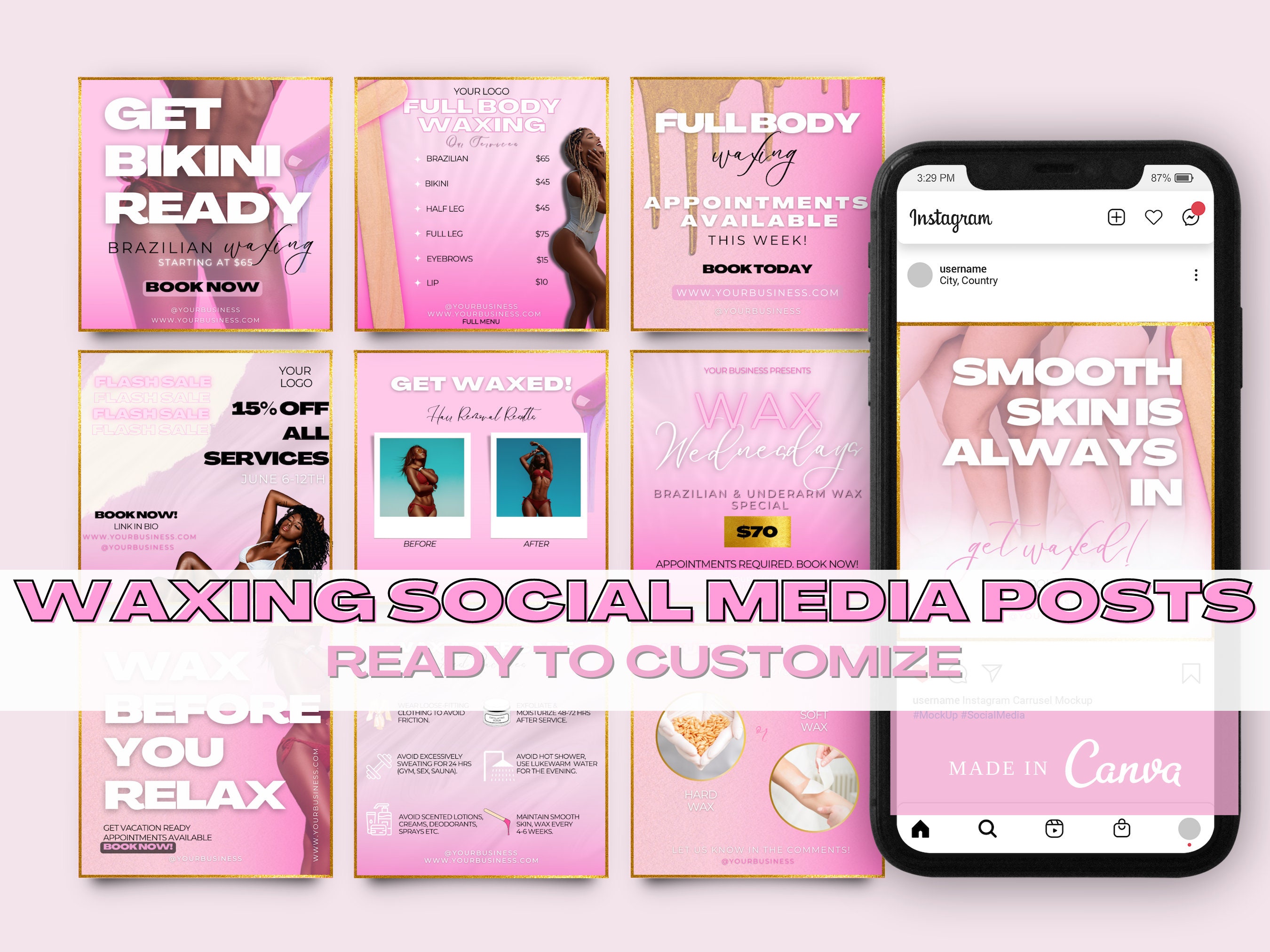 Pink Waxing Instagram Templates, Wax Business, Waxing Quotes, Wax