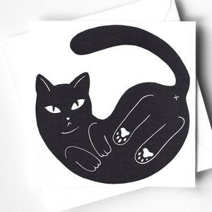 Carte de linogravure de chat noir coquine - salutations imprimées à la main / carte d'anniversaire / amoureux des chats. Cadeau magique. Cadeau de sorcière. Carte linogravure - Intérieur vierge