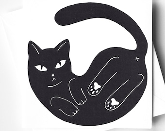 Black Cat Linocut Card – Hand Printed Greetings, Cat Lover Gift