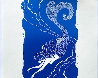 Handmade Mermaid Lino Print – Mystical Girl Art, Ocean Dive