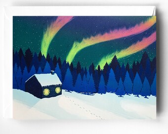 Northern Lights Linocut Card – Snowy Cabin, Blank Inside