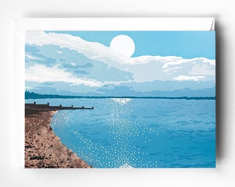 Whitstable Shore Seaside Greetings Card - Linocut Beach Landscape