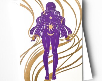 Cosmic Greetings Card - Linocut Art Design Blank Inside with Kraft envelope