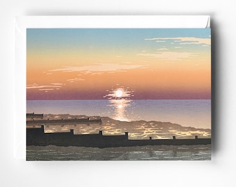 Whitstable Sunset Greetings Card – Linocut Beach Landscape, Blank Inside