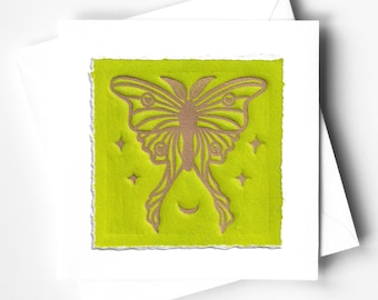 Luna Moth Linocut Card – Hand Printed Mystical Greetings