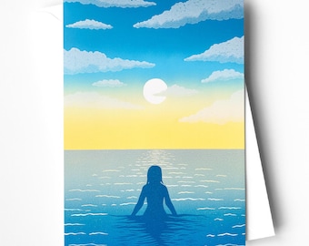 A Swim on the Solstice - Blue - Greetings Card - Blank Inside with envelope