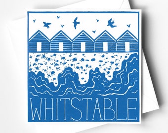 Whitstable Beach Hut Card - Handprinted linocut greetings card. Beach Landscape, Waves and Seagulls - Blank Inside