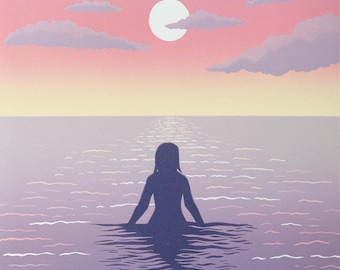 Handmade Sea Swimmer Lino Print – Solstice Beach Landscape