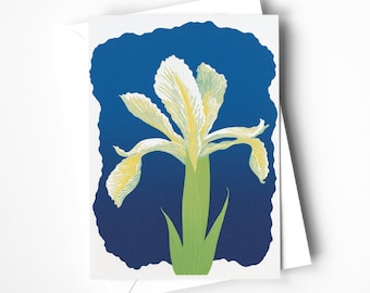 White Iris Greetings Card – Linocut Floral Design