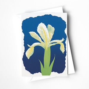 White Magic Iris Card - From an Original Linocut design, digitally printed greetings card. Spring Summer Iris - Blank Inside