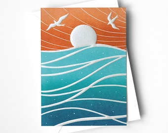 Sunset Card - From an Original Linocut design, digitally printed greetings card. Seaside Landscape - Blank Inside