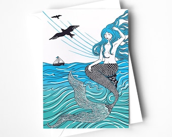 Linocut Mermaid Greetings Card - Sea Breeze Blank Card
