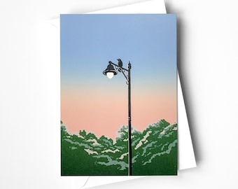 Sunset Landscape Greetings Card - Linocut Design, Blank Inside