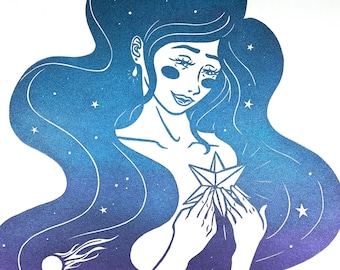Handmade Celestial Lino Print – Mystical Girl and Star Art