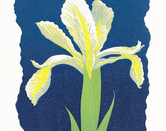 Handmade Iris Linocut Print - Limited Edition Floral Artwork