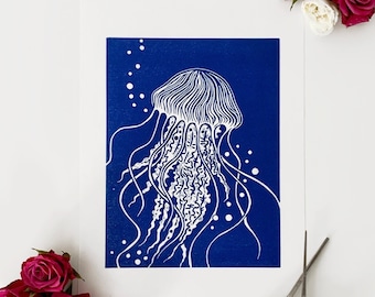 Original Linocut Art Print - Jellyfish - Handmade Open Edition Lino Print