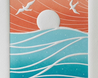 Handmade Sunset Linocut Print – Abstract Ocean Seascape (12x8 in)