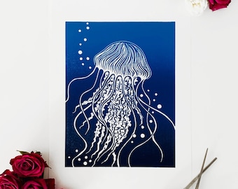 Handmade Jellyfish Lino Print – Limited Edition Ocean Art