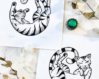 Handmade Tabby Cat Linocut Print – Cosy or Sleepy Cat Art