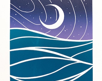 Handmade Twilight Linocut Print – Abstract Seaside Ocean Landscape