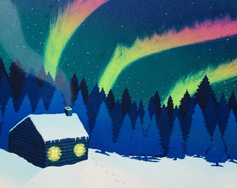 Northern Lights Linocut Print - Limited Edition Snowy Cabin Art
