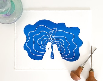 Dip Your Toes - Handmade Linocut Print, Swimmer Art