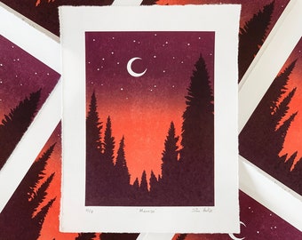Moonrise Linocut Print – Handmade Ombre Sky Art