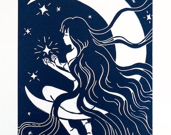 Lucy in the Sky Lino Print – Mystical Girl on Moon, Celestial Art