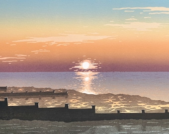 Sunset over Whitstable - Handmade Limited Edition Lino Print. Beach Sunset Landscape art.