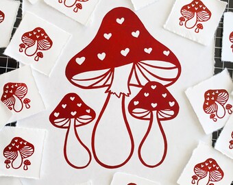 Love You So Mush Print – Handmade Lino Mushroom Art, Valentines Gift
