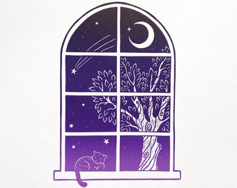 Handmade Linocut Print 'Through the Night' - Sleepy Cat, Moonlit Night Art