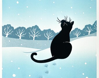 Snowy Cat Lino Print, Winter Landscape Art, Gift for Animal Lover