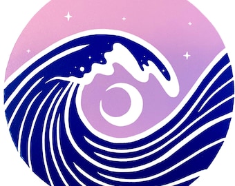 Moonlit Tides Linocut Print – Mystical Wave Seascape Art