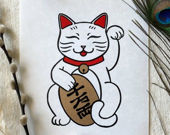 Lucky Cat Lino Print - Handmade Maneki Neko Art