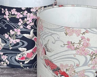 Handmade Koi Carp Lampshade, Japanese Cotton Fabric, Drum Table Lampshade