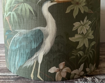 Handmade Heron Lampshade, Green Linen Bird Pattern Decor, Table lampshade