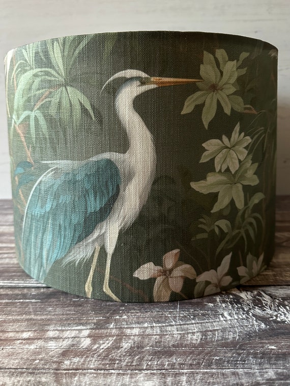 Heron pattern lampshade, handmade lampshade, green lampshade, bird pattern decor, table lampshade, floor lampshade, new home gift, 60cm lamp