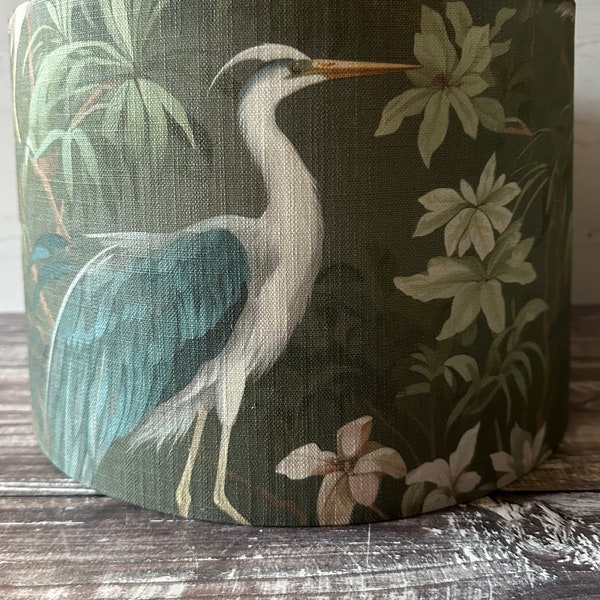 Handmade Heron Lampshade, Green Linen Bird Pattern Decor, Table lampshade