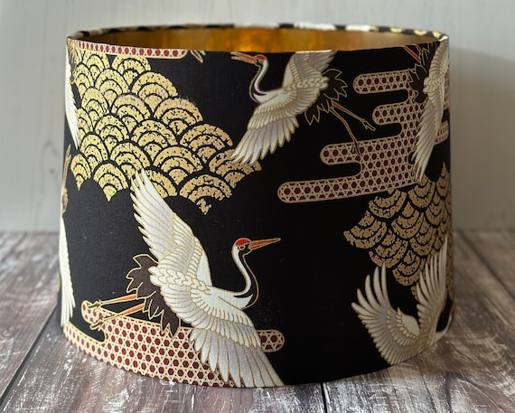 Black and gold lampshade, crane bird lampshade, Japanese fabric lampshade, black lampshade, Japanese decor, bird lampshade, table lampshade
