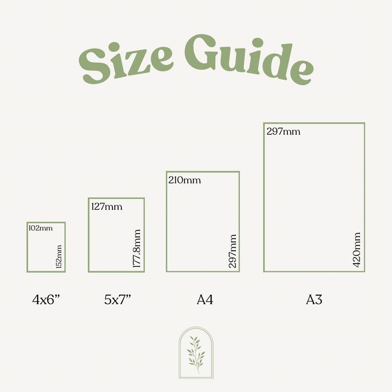 May include: Size guide for prints, showing four different sizes: 4x6 inches, 5x7 inches, A4 (210mm x 297mm), and A3 (297mm x 420mm).
