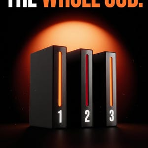 May include: Three black rectangular units arranged side-by-side, each featuring a vertical glowing light strip and a white number at the base. The numbers 1, 2, and 3 are displayed respectively. The text THE WHOLE JOB appears in white and orange above.