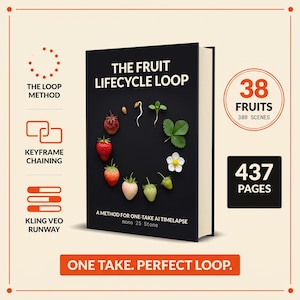 Könnte beinhalten: Ein schwarzes Buch mit dem Titel The Fruit Lifecycle Loop und einer Abbildung des Erdbeer-Wachstumszyklus auf dem Cover. Das Buch enthält Text wie 38 Fruits, 380 Scenes, 437 Pages und den Satz One Take. Perfect Loop. Zudem werden The Loop Method, Keyframe Chaining und Kling Veo Runway aufgeführt.
